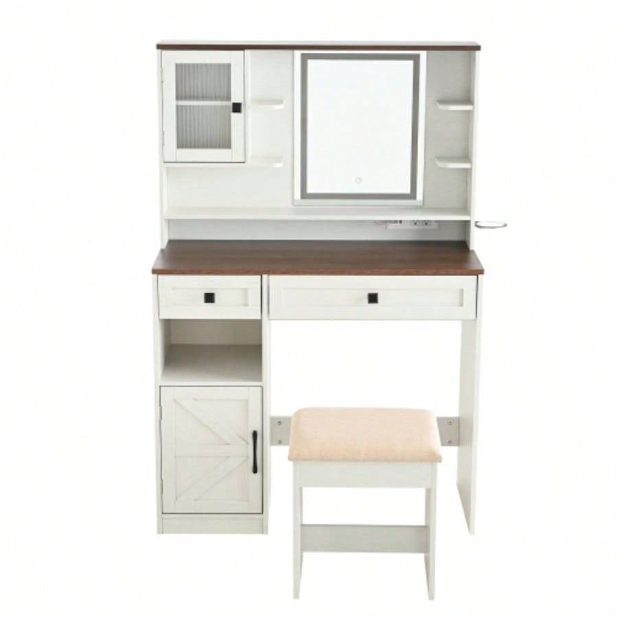 Farmhouse Makeup Vanity Desk with Mirror and Lights, Dressing Table Set with Charging Station and Stool, Drawers, Shelves and Side Cabinet, White