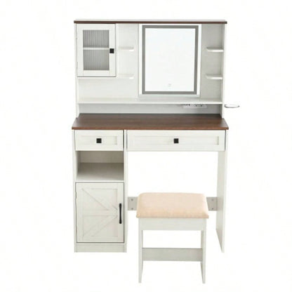 Farmhouse Makeup Vanity Desk with Mirror and Lights, Dressing Table Set with Charging Station and Stool, Drawers, Shelves and Side Cabinet, White