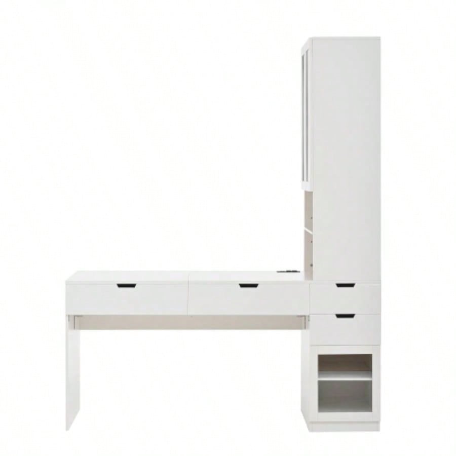Versatile Makeup Vanity Desk with Mirror and Charging Station, Dressing Table with 8 Hidden Storage Compartments, Computer Desk with 3 Drawers, 2 Cabinets and Open Shelves, Home Office Desk, White