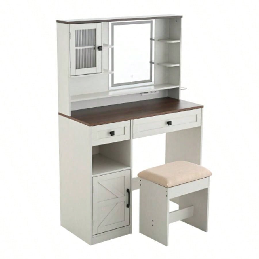 Farmhouse Makeup Vanity Desk with Mirror and Lights, Dressing Table Set with Charging Station and Stool, Drawers, Shelves and Side Cabinet, White