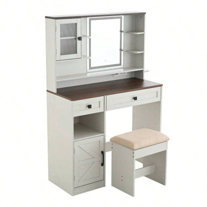 Farmhouse Makeup Vanity Desk with Mirror and Lights, Dressing Table Set with Charging Station and Stool, Drawers, Shelves and Side Cabinet, White