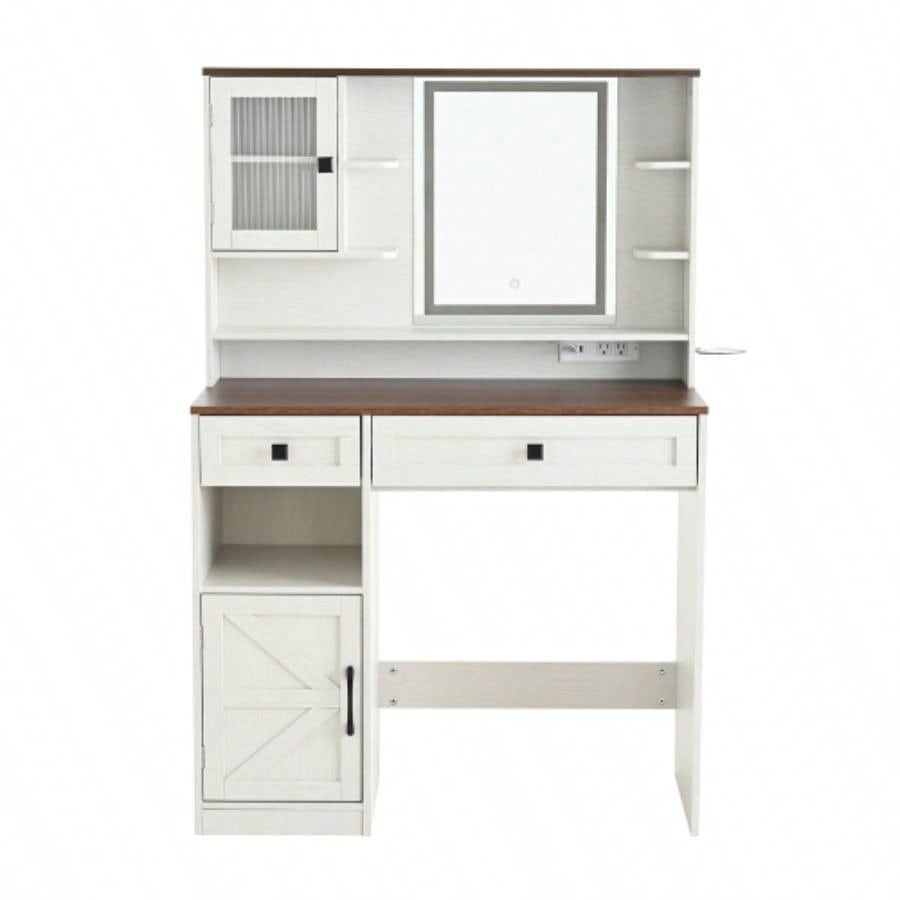 Farmhouse Makeup Vanity Desk with Mirror and Lights, Dressing Table Set with Charging Station and Stool, Drawers, Shelves and Side Cabinet, White