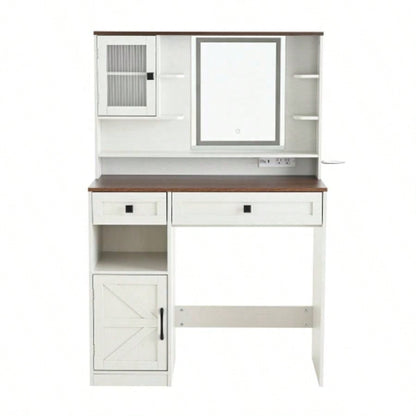 Farmhouse Makeup Vanity Desk with Mirror and Lights, Dressing Table Set with Charging Station and Stool, Drawers, Shelves and Side Cabinet, White