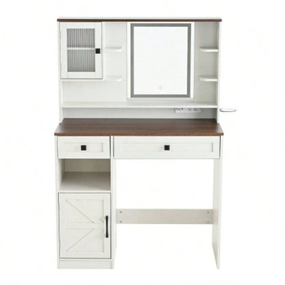 Farmhouse Makeup Vanity Desk with Mirror and Lights, Dressing Table Set with Charging Station and Stool, Drawers, Shelves and Side Cabinet, White
