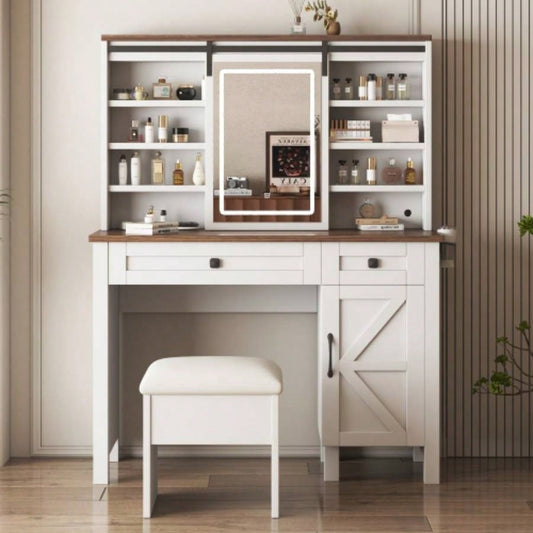 Farmhouse Makeup Vanity Desk with Sliding Mirror and Lights and Hairdryer holder and charging socket Multilayer storage Shelves, and 2 drawer and big storage cabinet Rustic Big Vanity Set Bedroom