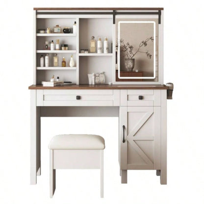 Farmhouse Makeup Vanity Desk with Sliding Mirror and Lights and Hairdryer holder and charging socket Multilayer storage Shelves, and 2 drawer and big storage cabinet Rustic Big Vanity Set Bedroom
