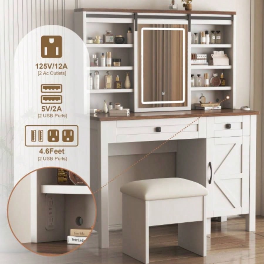 Farmhouse Makeup Vanity Desk with Sliding Mirror and Lights and Hairdryer holder and charging socket Multilayer storage Shelves, and 2 drawer and big storage cabinet Rustic Big Vanity Set Bedroom