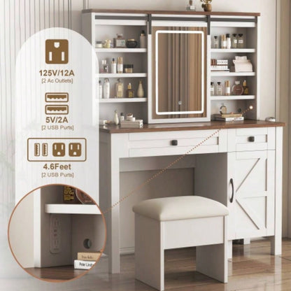 Farmhouse Makeup Vanity Desk with Sliding Mirror and Lights and Hairdryer holder and charging socket Multilayer storage Shelves, and 2 drawer and big storage cabinet Rustic Big Vanity Set Bedroom