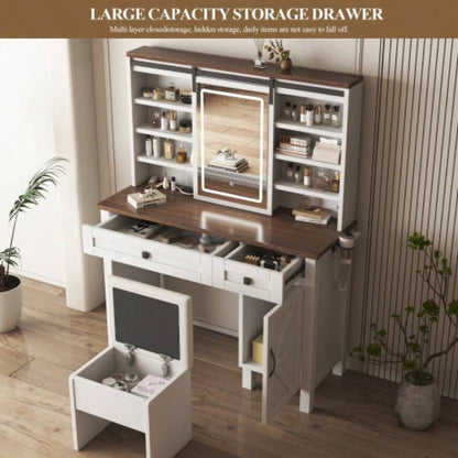 Farmhouse Makeup Vanity Desk with Sliding Mirror and Lights and Hairdryer holder and charging socket Multilayer storage Shelves, and 2 drawer and big storage cabinet Rustic Big Vanity Set Bedroom