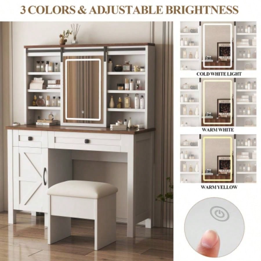 Farmhouse Makeup Vanity Desk with Sliding Mirror and Lights and Hairdryer holder and charging socket Multilayer storage Shelves, and 2 drawer and big storage cabinet Rustic Big Vanity Set Bedroom
