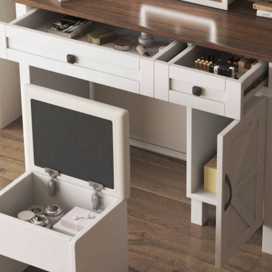 Farmhouse Makeup Vanity Desk with Sliding Mirror and Lights and Hairdryer holder and charging socket Multilayer storage Shelves, and 2 drawer and big storage cabinet Rustic Big Vanity Set Bedroom
