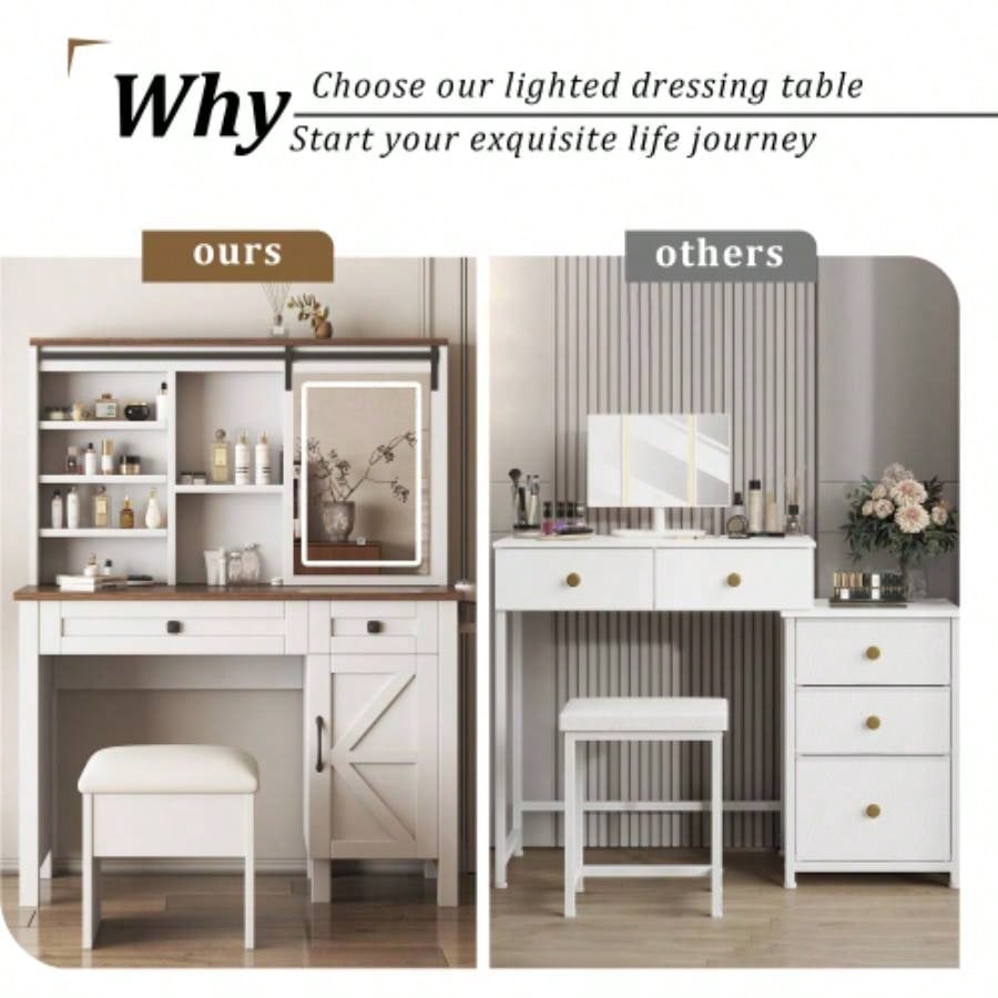 Farmhouse Makeup Vanity Desk with Sliding Mirror and Lights and Hairdryer holder and charging socket Multilayer storage Shelves, and 2 drawer and big storage cabinet Rustic Big Vanity Set Bedroom