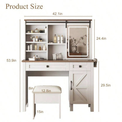 Farmhouse Makeup Vanity Desk with Sliding Mirror and Lights and Hairdryer holder and charging socket Multilayer storage Shelves, and 2 drawer and big storage cabinet Rustic Big Vanity Set Bedroom