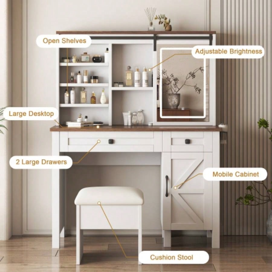 Farmhouse Makeup Vanity Desk with Sliding Mirror and Lights and Hairdryer holder and charging socket Multilayer storage Shelves, and 2 drawer and big storage cabinet Rustic Big Vanity Set Bedroom