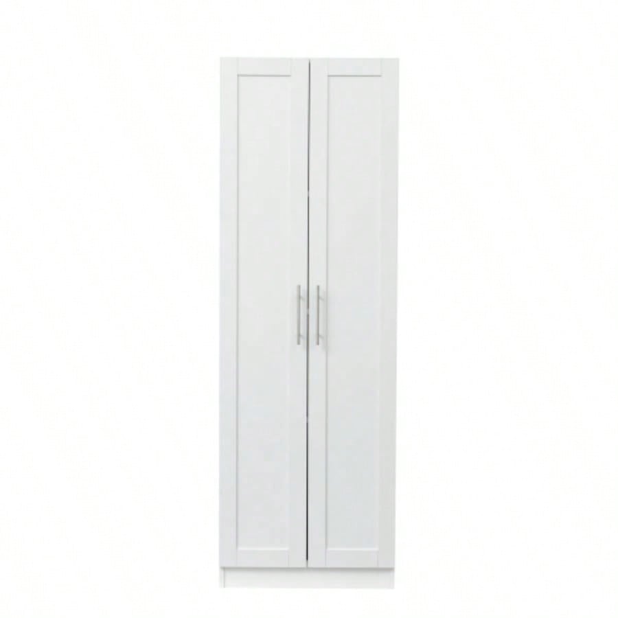 High wardrobe and kitchen cabinet with 2 doors and 3 partitions to separate 4 storage spaces, White