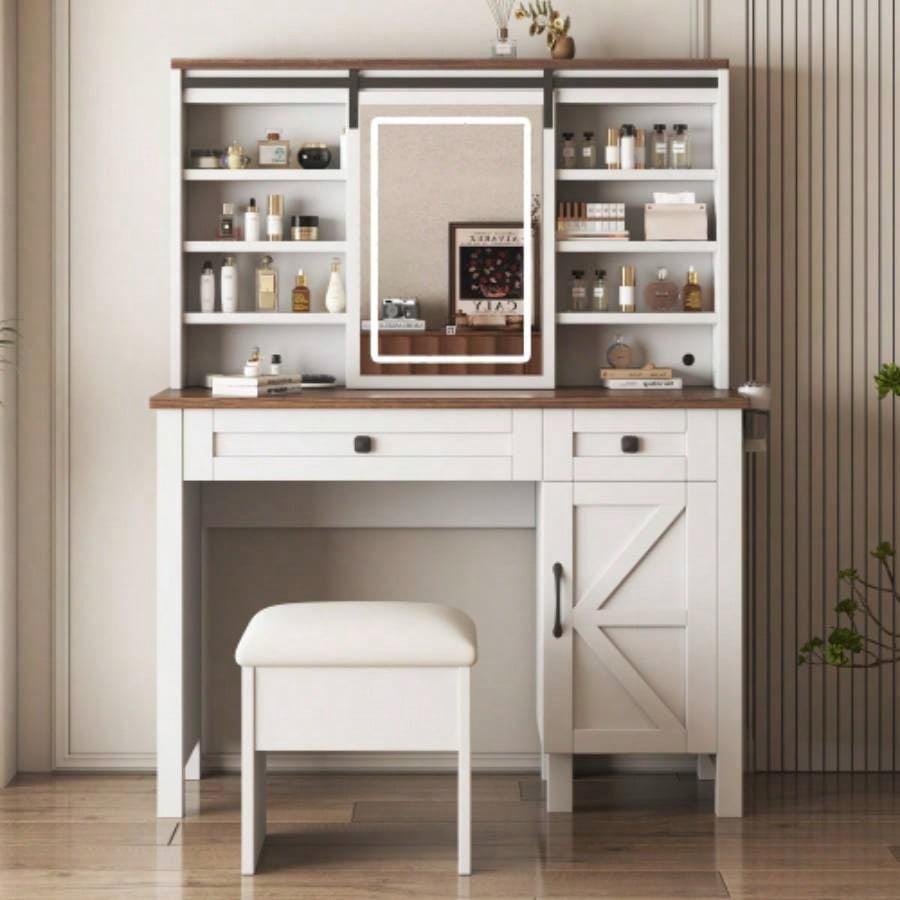 Farmhouse Makeup Vanity Desk with Sliding Mirror and Lights and Hairdryer holder and charging socket Multilayer storage Shelves, and 2 drawer and big storage cabinet Rustic Big Vanity Set Bedroom