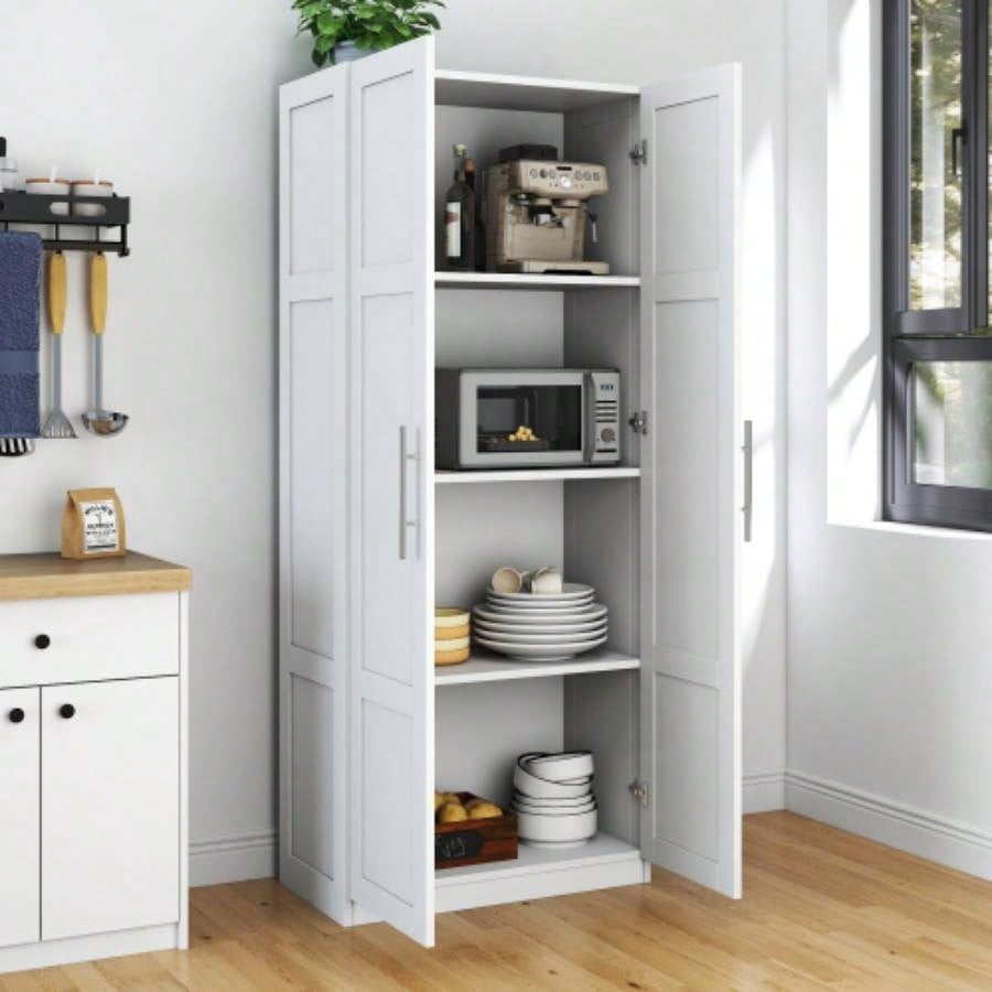 High wardrobe and kitchen cabinet with 2 doors and 3 partitions to separate 4 storage spaces, White