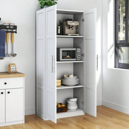 High wardrobe and kitchen cabinet with 2 doors and 3 partitions to separate 4 storage spaces, White