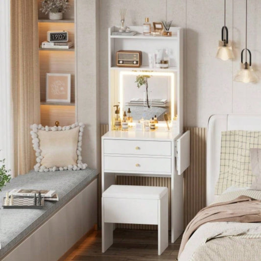 Small Space Vanity Table Set with 3 Adjustable Lighted Mirror and Storage Chair, Makeup Vanity Table Small Space, White Dressing Table with Fold - up Panel Bedroom