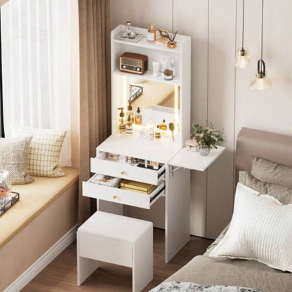 Small Space Vanity Table Set with 3 Adjustable Lighted Mirror and Storage Chair, Makeup Vanity Table Small Space, White Dressing Table with Fold - up Panel Bedroom