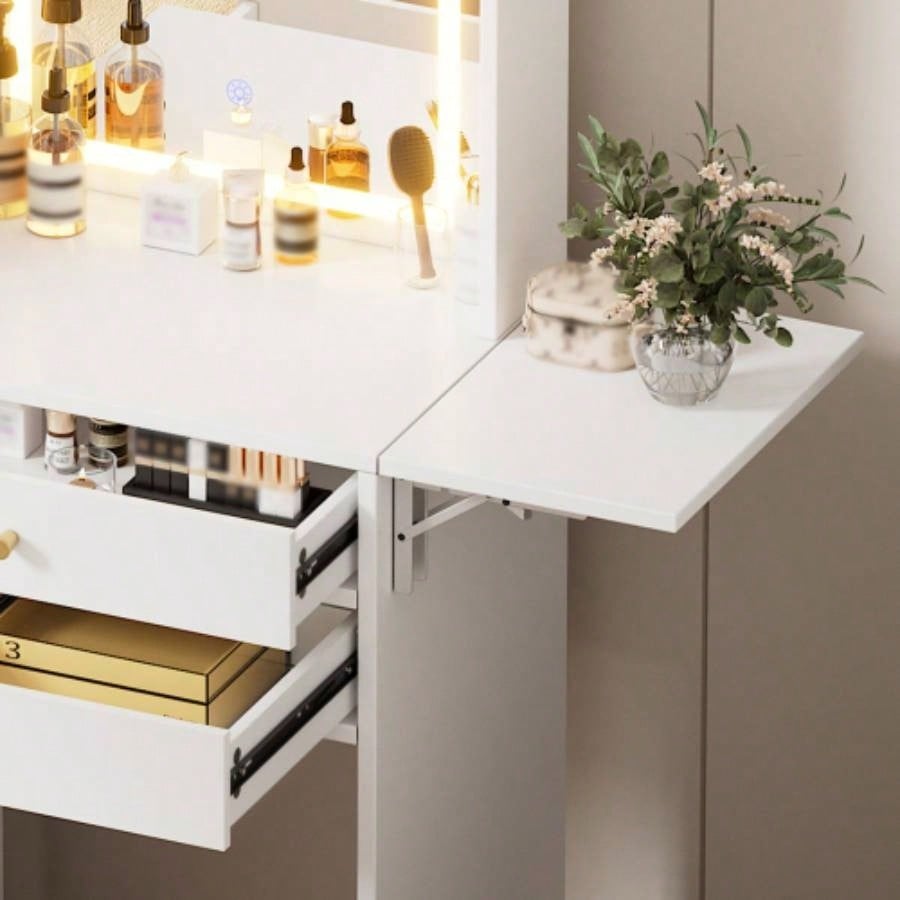 Small Space Vanity Table Set with 3 Adjustable Lighted Mirror and Storage Chair, Makeup Vanity Table Small Space, White Dressing Table with Fold - up Panel Bedroom