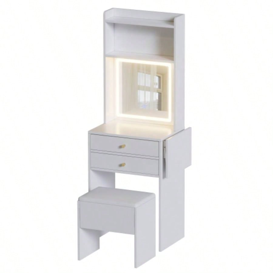 Small Space Vanity Table Set with 3 Adjustable Lighted Mirror and Storage Chair, Makeup Vanity Table Small Space, White Dressing Table with Fold - up Panel Bedroom