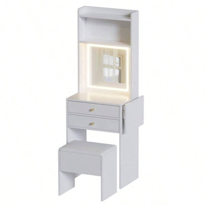 Small Space Vanity Table Set with 3 Adjustable Lighted Mirror and Storage Chair, Makeup Vanity Table Small Space, White Dressing Table with Fold - up Panel Bedroom