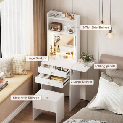 Small Space Vanity Table Set with 3 Adjustable Lighted Mirror and Storage Chair, Makeup Vanity Table Small Space, White Dressing Table with Fold - up Panel Bedroom