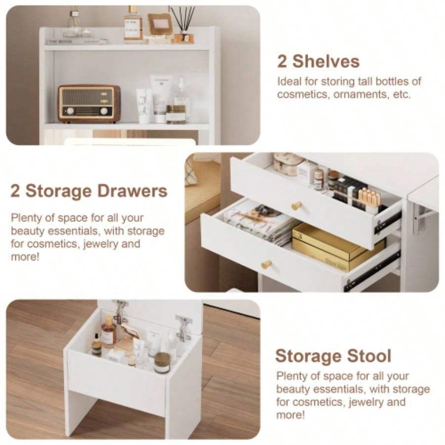 Small Space Vanity Table Set with 3 Adjustable Lighted Mirror and Storage Chair, Makeup Vanity Table Small Space, White Dressing Table with Fold - up Panel Bedroom