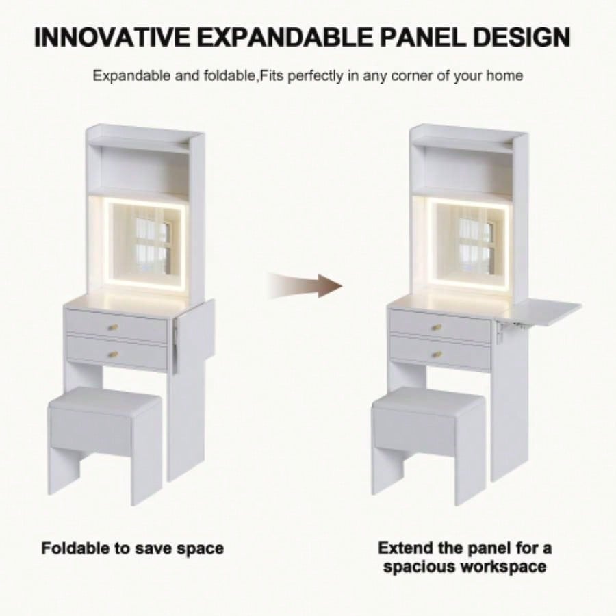 Small Space Vanity Table Set with 3 Adjustable Lighted Mirror and Storage Chair, Makeup Vanity Table Small Space, White Dressing Table with Fold - up Panel Bedroom