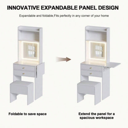 Small Space Vanity Table Set with 3 Adjustable Lighted Mirror and Storage Chair, Makeup Vanity Table Small Space, White Dressing Table with Fold - up Panel Bedroom