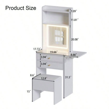 Small Space Vanity Table Set with 3 Adjustable Lighted Mirror and Storage Chair, Makeup Vanity Table Small Space, White Dressing Table with Fold - up Panel Bedroom