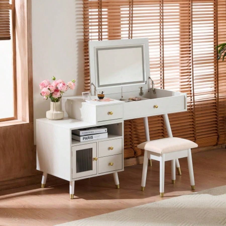 3 - in - 1 Vanity Desk with Lighted Flip - Top Mirror Adjustable Cabinet, Makeup Dressing Table with Stool, Dresser with Drawers Bedroom, White