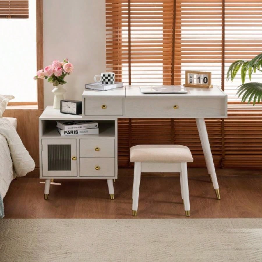 3 - in - 1 Vanity Desk with Lighted Flip - Top Mirror Adjustable Cabinet, Makeup Dressing Table with Stool, Dresser with Drawers Bedroom, White