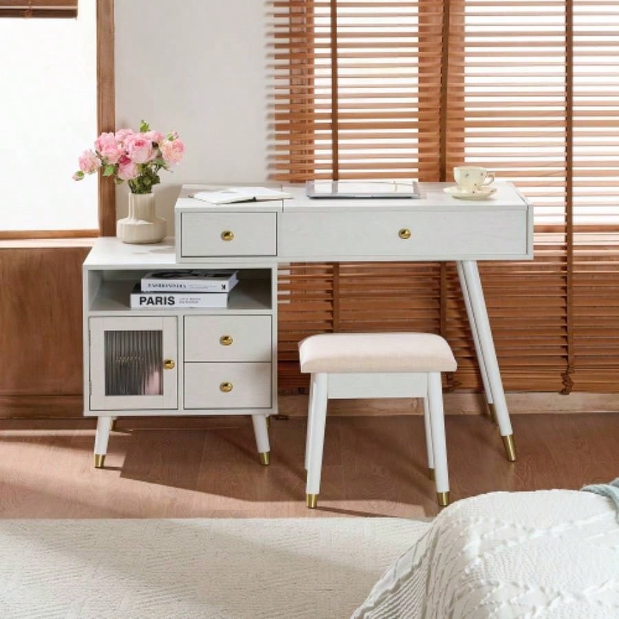 3 - in - 1 Vanity Desk with Lighted Flip - Top Mirror Adjustable Cabinet, Makeup Dressing Table with Stool, Dresser with Drawers Bedroom, White