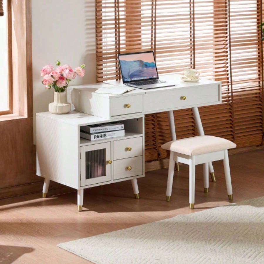 3 - in - 1 Vanity Desk with Lighted Flip - Top Mirror Adjustable Cabinet, Makeup Dressing Table with Stool, Dresser with Drawers Bedroom, White