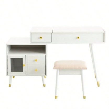3 - in - 1 Vanity Desk with Lighted Flip - Top Mirror Adjustable Cabinet, Makeup Dressing Table with Stool, Dresser with Drawers Bedroom, White
