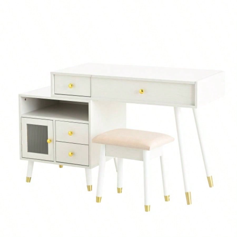 3 - in - 1 Vanity Desk with Lighted Flip - Top Mirror Adjustable Cabinet, Makeup Dressing Table with Stool, Dresser with Drawers Bedroom, White