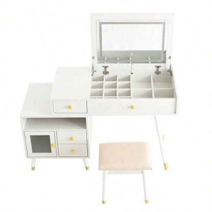 3 - in - 1 Vanity Desk with Lighted Flip - Top Mirror Adjustable Cabinet, Makeup Dressing Table with Stool, Dresser with Drawers Bedroom, White