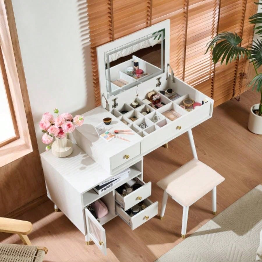 3 - in - 1 Vanity Desk with Lighted Flip - Top Mirror Adjustable Cabinet, Makeup Dressing Table with Stool, Dresser with Drawers Bedroom, White