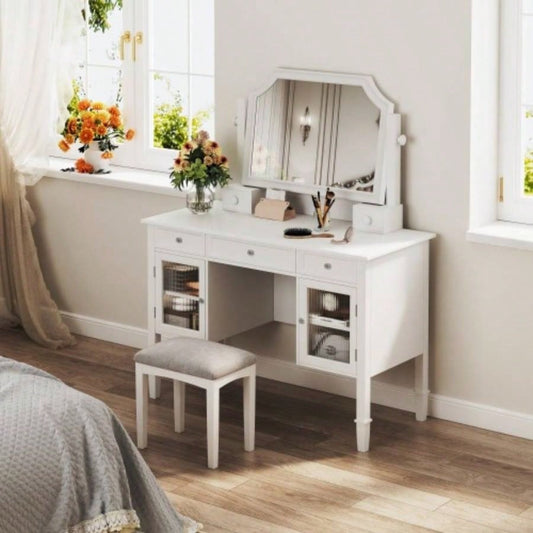 44.4 Makeup Vanity Desk with Large Adjustable Mirror, Dressing Table Set with Drawer Cabinet, Space - Saving Beauty Station Bedroom, White