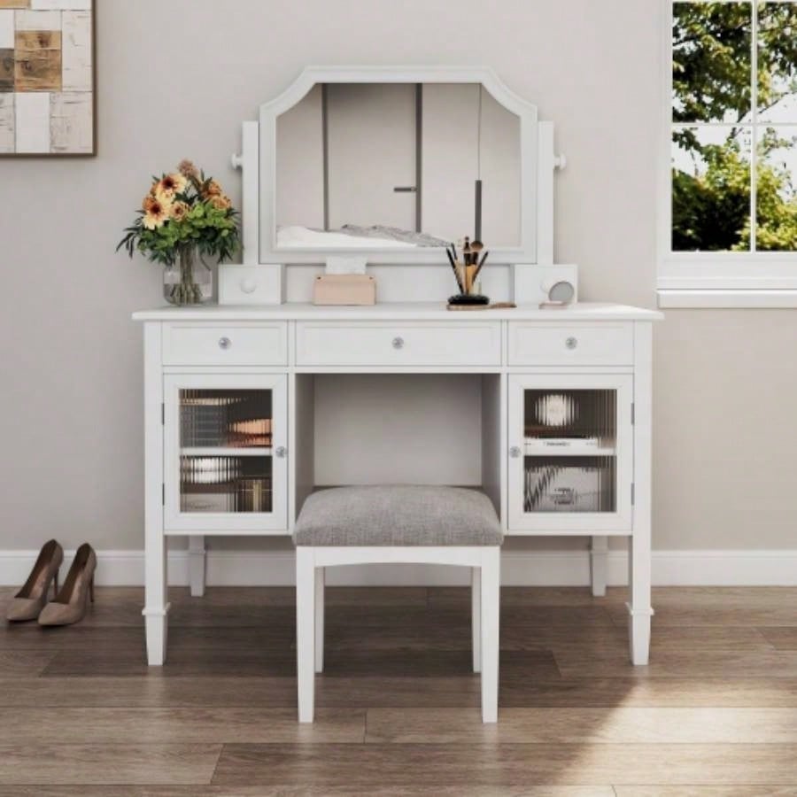 44.4 Makeup Vanity Desk with Large Adjustable Mirror, Dressing Table Set with Drawer Cabinet, Space - Saving Beauty Station Bedroom, White