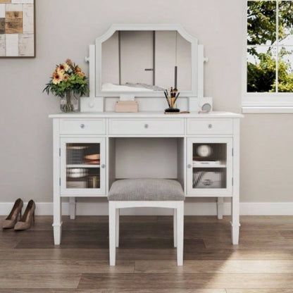 44.4 Makeup Vanity Desk with Large Adjustable Mirror, Dressing Table Set with Drawer Cabinet, Space - Saving Beauty Station Bedroom, White