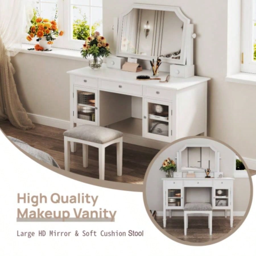 44.4 Makeup Vanity Desk with Large Adjustable Mirror, Dressing Table Set with Drawer Cabinet, Space - Saving Beauty Station Bedroom, White