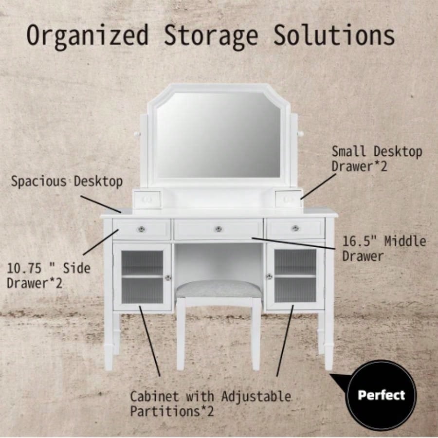 44.4 Makeup Vanity Desk with Large Adjustable Mirror, Dressing Table Set with Drawer Cabinet, Space - Saving Beauty Station Bedroom, White