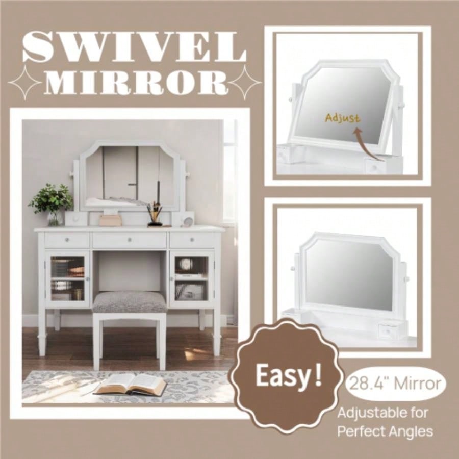 44.4 Makeup Vanity Desk with Large Adjustable Mirror, Dressing Table Set with Drawer Cabinet, Space - Saving Beauty Station Bedroom, White