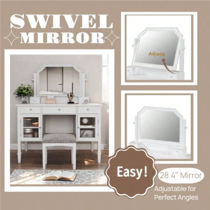 44.4 Makeup Vanity Desk with Large Adjustable Mirror, Dressing Table Set with Drawer Cabinet, Space - Saving Beauty Station Bedroom, White