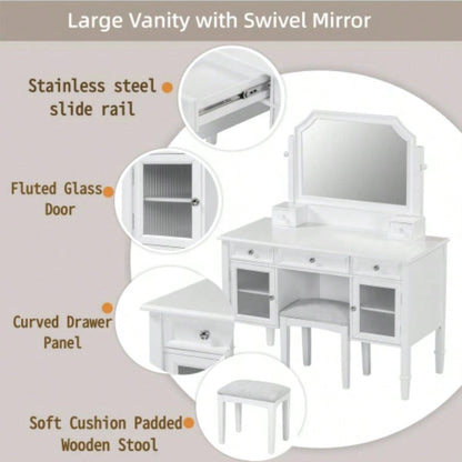 44.4 Makeup Vanity Desk with Large Adjustable Mirror, Dressing Table Set with Drawer Cabinet, Space - Saving Beauty Station Bedroom, White