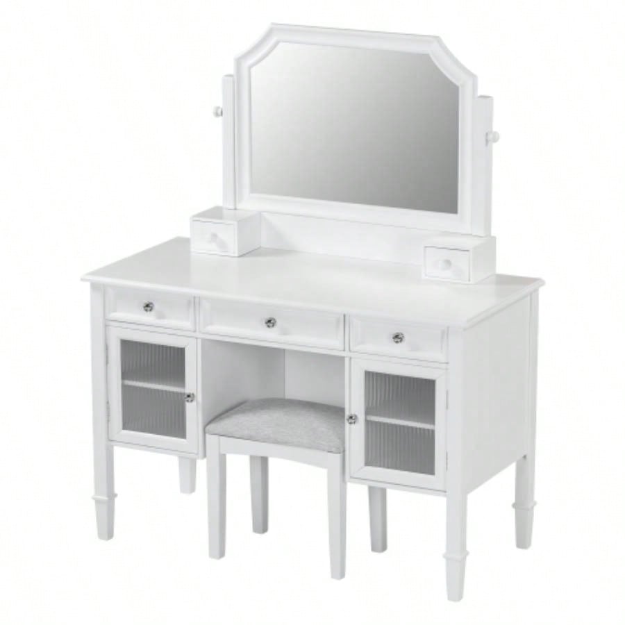 44.4 Makeup Vanity Desk with Large Adjustable Mirror, Dressing Table Set with Drawer Cabinet, Space - Saving Beauty Station Bedroom, White