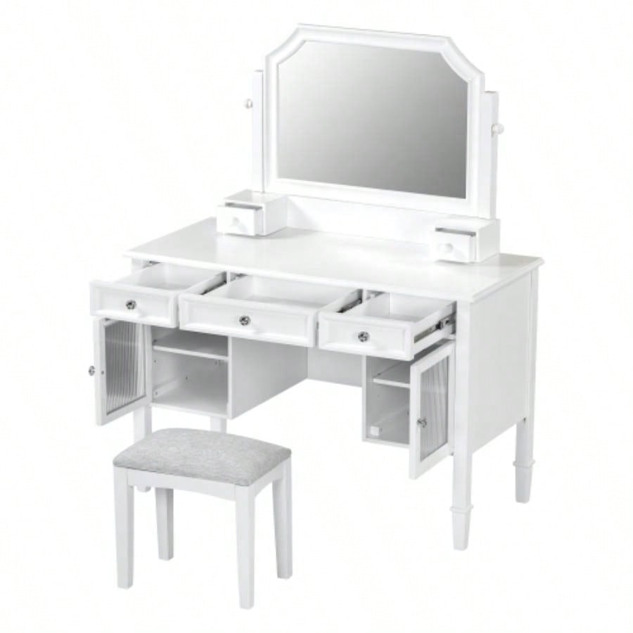 44.4 Makeup Vanity Desk with Large Adjustable Mirror, Dressing Table Set with Drawer Cabinet, Space - Saving Beauty Station Bedroom, White